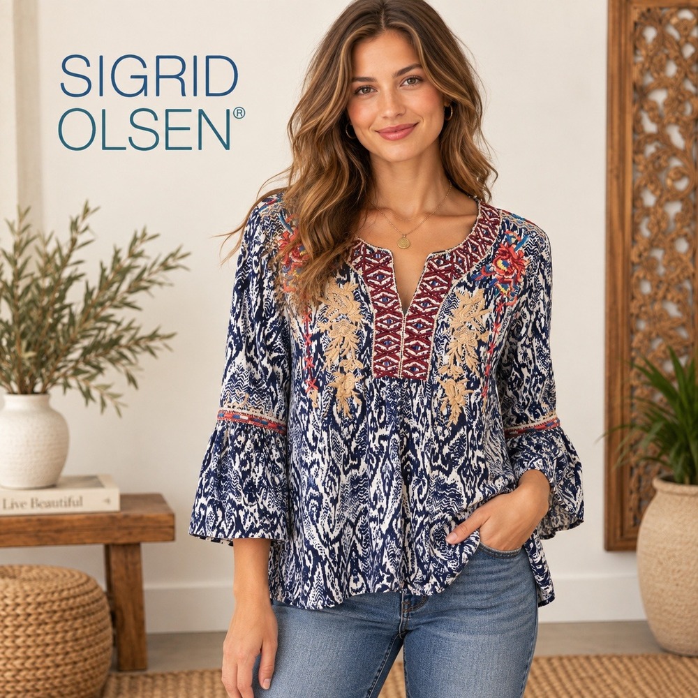 Sigrid Olsen Blue White Ikat Embroidered Bell Sleeve Peasant Boho Top Medium